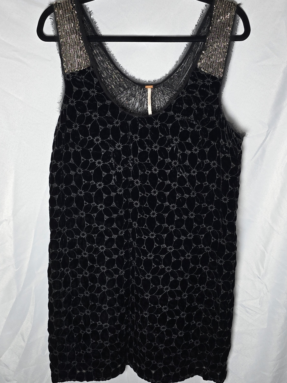 Free People Black Velvet Sheer Beaded Embellished Tank Mini Dress Witchy Boho 12